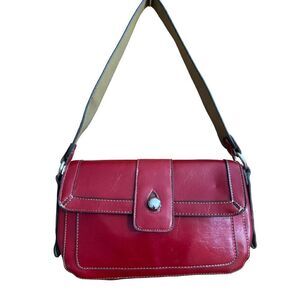 Emillie M Red Faux Vegan Leather Shoulder Satchel Silver Hardware Flap Closure